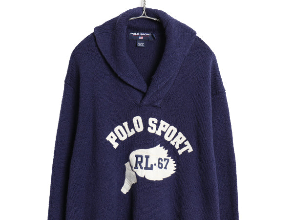 90s ポロスポーツ ラルフローレン ショールカラー コットン ニット セーター メンズ XXL / オールド ポロ ウイングフット フェルト パッチ