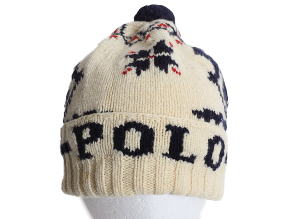 90s ポロ ラルフローレン ボンボン付き ニット キャップ フリーサイズ / オールド ウール 絵柄 ワッチ ビーニー バーズアイ ノルディック