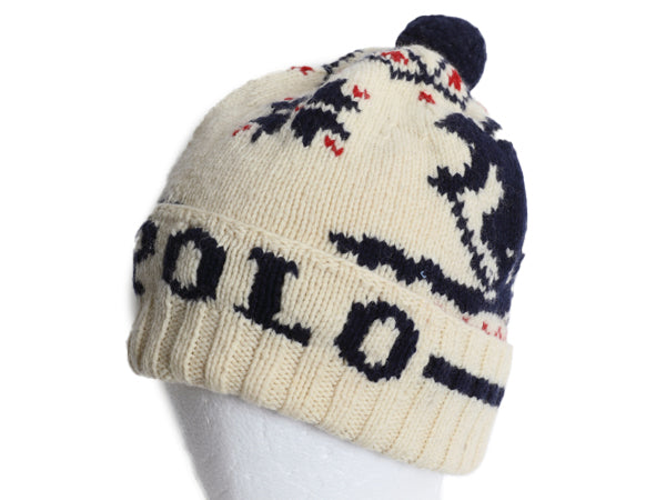 90s ポロ ラルフローレン ボンボン付き ニット キャップ フリーサイズ / オールド ウール 絵柄 ワッチ ビーニー バーズアイ ノルディック