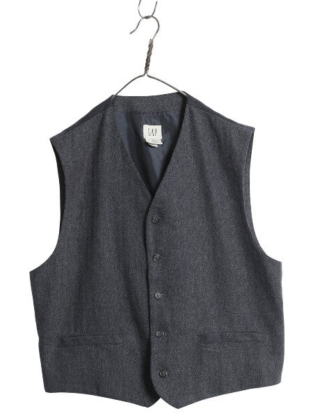 デッドストック 00s オールド ギャップ ウール テーラード ベスト メンズ L ポケット付き ヘリンボーン ストライプ ジレ 重ね着 前開き 紺