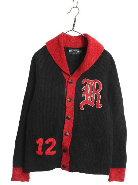 ラグビー ラルフローレン ショールカラー ニット カーディガン レディース L メンズ M / セーター フェルト ワッペン レタード ツートン 黒
