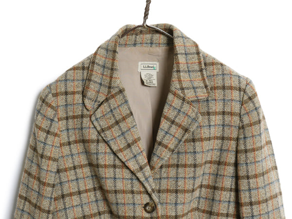 エルエルビーン ツイード テーラード ジャケット レディース M 古着 ウール シルク ブレザー ストレッチ チェック マルチカラー ショート丈