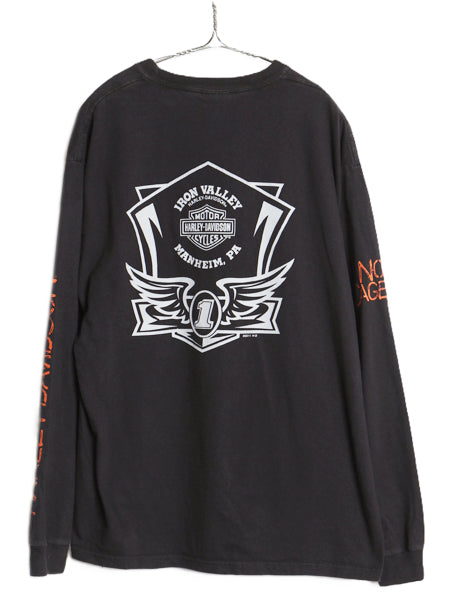 ハーレー ダビットソン 4面 プリント 長袖 Tシャツ メンズ L / バイク イラスト グラフィック ロンT ロングスリーブ NO1 ヘビーウェイト 黒