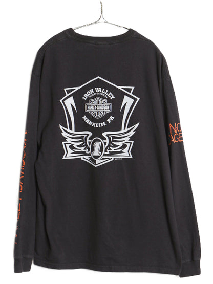 ハーレー ダビットソン 4面 プリント 長袖 Tシャツ メンズ L / バイク イラスト グラフィック ロンT ロングスリーブ NO1 ヘビーウェイト 黒