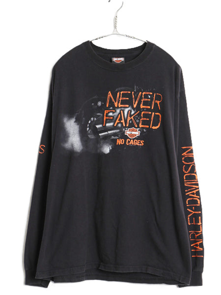 ハーレー ダビットソン 4面 プリント 長袖 Tシャツ メンズ L / バイク イラスト グラフィック ロンT ロングスリーブ NO1 ヘビーウェイト 黒