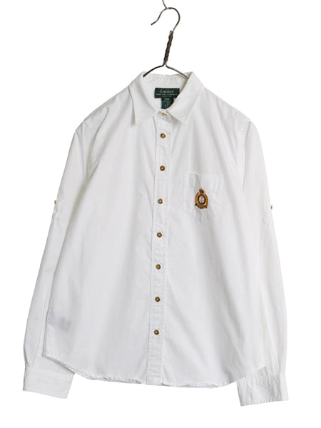 90s ローレン ラルフローレン 長袖 シャツ レディース M / オールド コットン ブラウス ロールアップ ワンポイント クレスト ロゴ刺繍 白