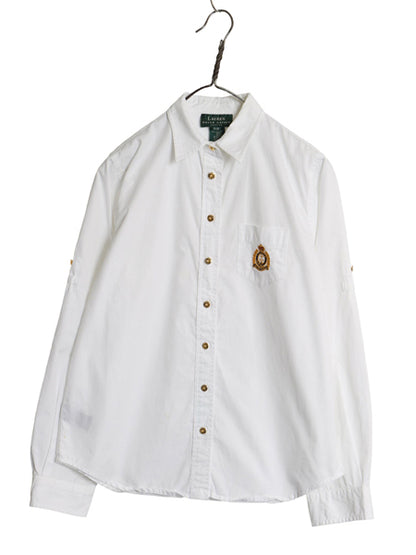 90s ローレン ラルフローレン 長袖 シャツ レディース M / オールド コットン ブラウス ロールアップ ワンポイント クレスト ロゴ刺繍 白