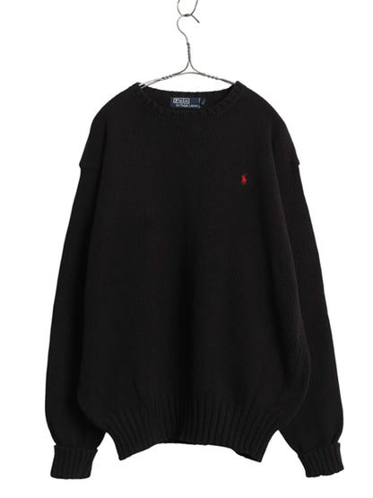 90s ポロ ラルフローレン コットン ニット セーター メンズ XXL オールド 長袖ニット ワンポイント クルーネック シンプル 大きいサイズ 黒