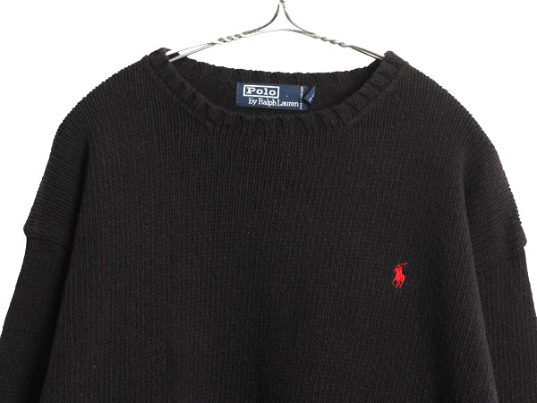 90s ポロ ラルフローレン コットン ニット セーター メンズ XXL オールド 長袖ニット ワンポイント クルーネック シンプル 大きいサイズ 黒