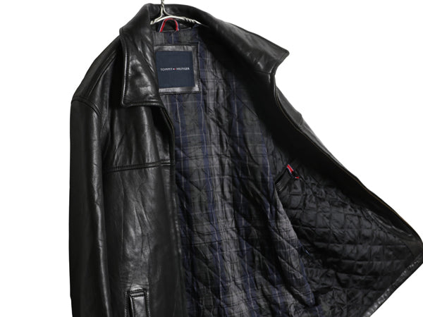 トミーヒルフィガー 本革 ラム レザー スイングトップ ジャケット メンズ L / 中綿 キルティング チェック ライナー 革ジャン ブルゾン 黒