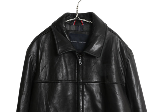 トミーヒルフィガー 本革 ラム レザー スイングトップ ジャケット メンズ L / 中綿 キルティング チェック ライナー 革ジャン ブルゾン 黒