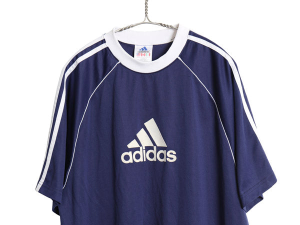 90s USA製 アディダス 半袖 サッカー プラクティス シャツ メンズ XL / オールド ユニフォーム トレーニング ゲームシャツ 大きいサイズ 紺