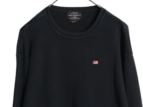 ポロジーンズ ラルフローレン コットン ニット セーター メンズ XL 古着 ポロ クルーネック リブ編み ワンポイント 大きいサイズ ブラック