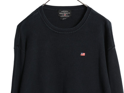 ポロジーンズ ラルフローレン コットン ニット セーター メンズ XL 古着 ポロ クルーネック リブ編み ワンポイント 大きいサイズ ブラック