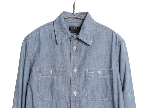 ポロ ラルフローレン 長袖 シャンブレー シャツ メンズ S / 100% コットン ワーク ヴィンテージ モデル 無地 ポケット ガチャポケ ブルー