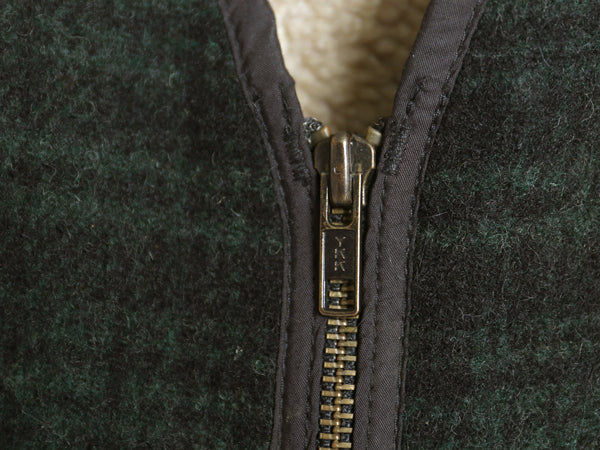 80s USA製 エルエルビーン チェック ウール ベスト メンズ L ヴィンテージ 裏 ボア パイル フリース ライナー付き フルジップ 重ね着 黒 緑