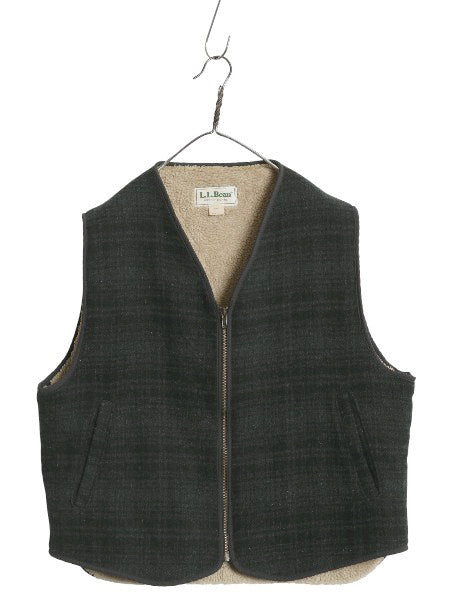 80s USA製 エルエルビーン チェック ウール ベスト メンズ L ヴィンテージ 裏 ボア パイル フリース ライナー付き フルジップ 重ね着 黒 緑
