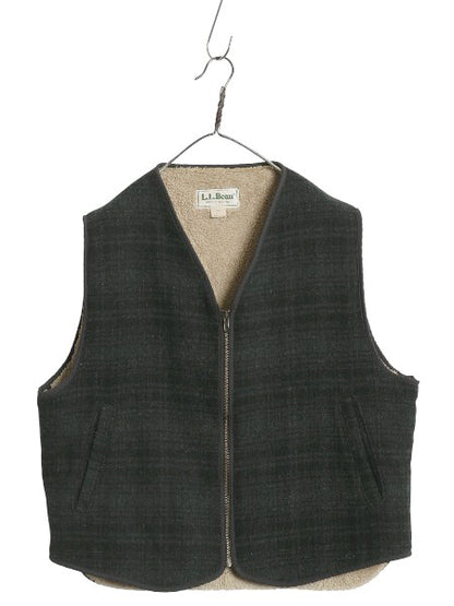 80s USA製 エルエルビーン チェック ウール ベスト メンズ L ヴィンテージ 裏 ボア パイル フリース ライナー付き フルジップ 重ね着 黒 緑