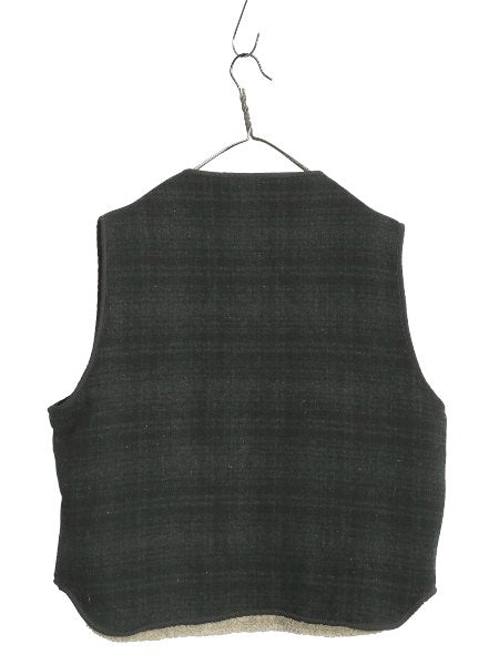 80s USA製 エルエルビーン チェック ウール ベスト メンズ L ヴィンテージ 裏 ボア パイル フリース ライナー付き フルジップ 重ね着 黒 緑