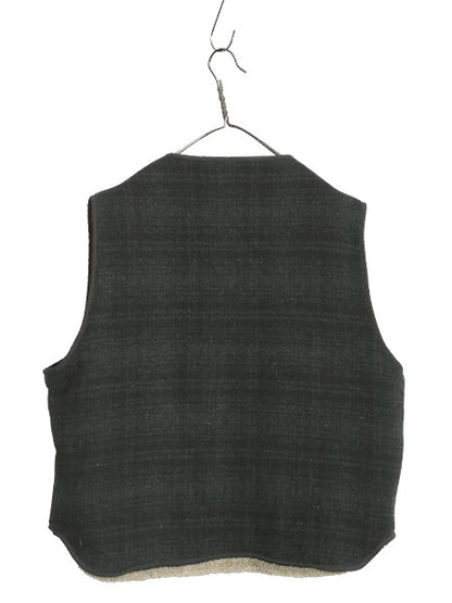 80s USA製 エルエルビーン チェック ウール ベスト メンズ L ヴィンテージ 裏 ボア パイル フリース ライナー付き フルジップ 重ね着 黒 緑