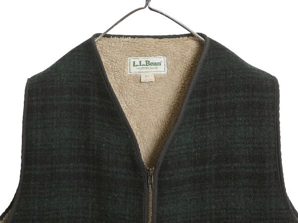 80s USA製 エルエルビーン チェック ウール ベスト メンズ L ヴィンテージ 裏 ボア パイル フリース ライナー付き フルジップ 重ね着 黒 緑