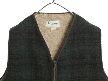 80s USA製 エルエルビーン チェック ウール ベスト メンズ L ヴィンテージ 裏 ボア パイル フリース ライナー付き フルジップ 重ね着 黒 緑
