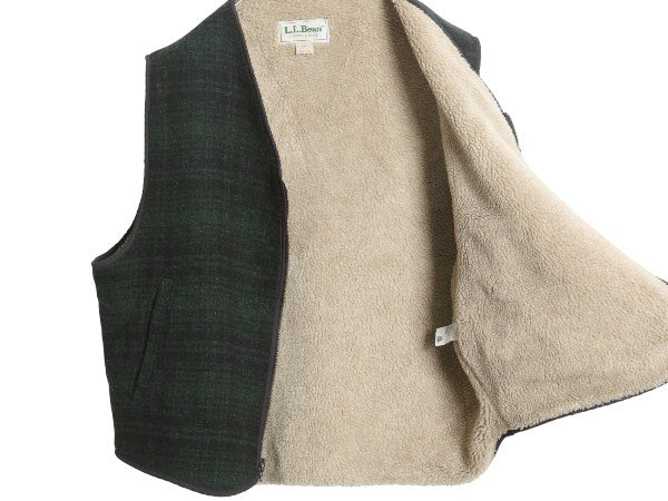 80s USA製 エルエルビーン チェック ウール ベスト メンズ L ヴィンテージ 裏 ボア パイル フリース ライナー付き フルジップ 重ね着 黒 緑