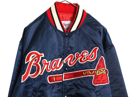 90s USA製 ブレーブス ナイロン サテン スタジャン メンズ XL オールド MLB オフィシャル スターター 中綿 キルティング ライナー ブルゾン