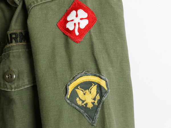 60s 米軍実物 US ARMY コットン サテン ユーティリティ シャツ M / ヴィンテージ OG107 シャツ袖 2nd ミリタリー 軍物 ワッペン フルパッチ