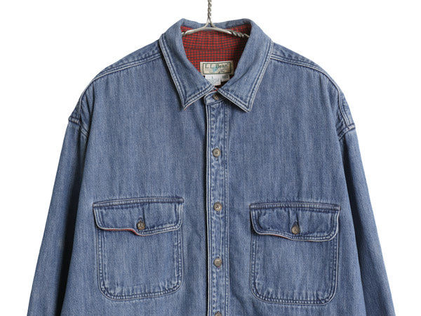 80s USA製 エルエルビーン 長袖 デニム シャツ メンズ L / 旧タグ ヴィンテージ チェック フランネル ライナー付き アウトドア ジャケット