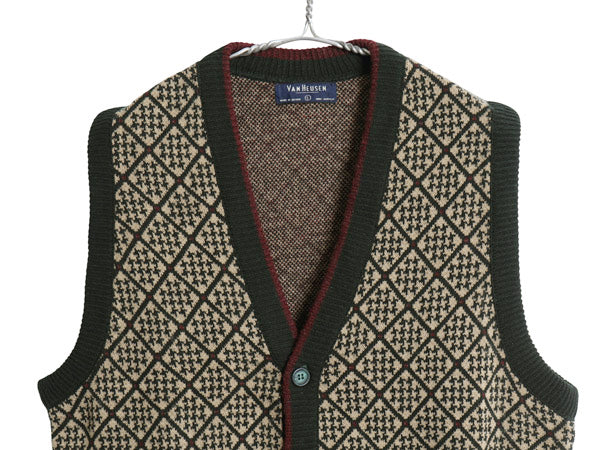 90s ヴァンヒューゼン 総柄 ニット ベスト メンズ L オールド アクリル セーター 前開き 重ね着 羽織り カジュアル トップス マルチカラー 
