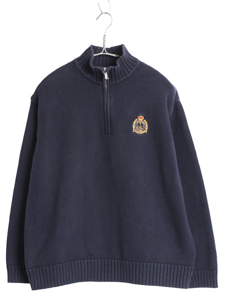 90s ローレン ラルフローレン ハーフジップ コットン ニット セーター レディース M オールド ポロ ハイネック ワンポイント ロゴ 無地 紺