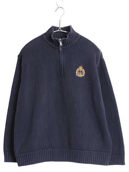 90s ローレン ラルフローレン ハーフジップ コットン ニット セーター レディース M オールド ポロ ハイネック ワンポイント ロゴ 無地 紺