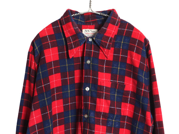 60s 70s N&N XI EAST チェック プリント 長袖 フランネル シャツ メンズ XL ヴィンテージ 100% コットン ネルシャツ プリネル 大きいサイズ