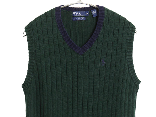 90s ポロ ラルフローレン Vネック コットン ニット ベスト キッズ XL メンズ レディース S オールド プルオーバー 針抜き リブ編み 2トーン