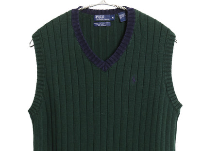90s ポロ ラルフローレン Vネック コットン ニット ベスト キッズ XL メンズ レディース S オールド プルオーバー 針抜き リブ編み 2トーン