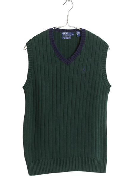 90s ポロ ラルフローレン Vネック コットン ニット ベスト キッズ XL メンズ レディース S オールド プルオーバー 針抜き リブ編み 2トーン