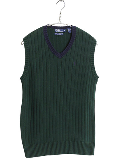 90s ポロ ラルフローレン Vネック コットン ニット ベスト キッズ XL メンズ レディース S オールド プルオーバー 針抜き リブ編み 2トーン