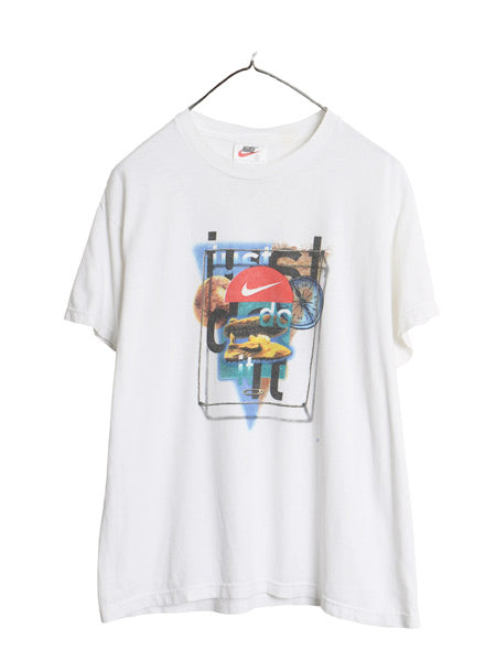 90s USA製 ナイキ グラフィック プリント Tシャツ メンズ S / オールド コラージュ アート スウッシュ スニーカー カットソー コットン 白 