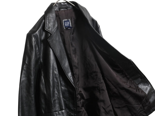 00s オールド ギャップ 本革 レザー テーラード ジャケット レディース L 程 革ジャン ブレザー ライナー付き 牛革 ショート丈 シンプル 黒