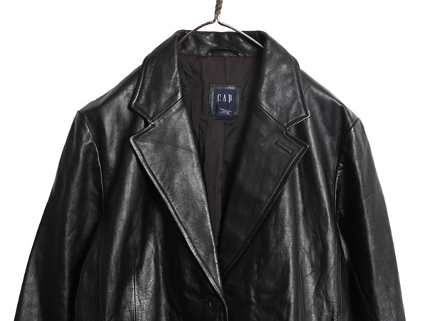 00s オールド ギャップ 本革 レザー テーラード ジャケット レディース L 程 革ジャン ブレザー ライナー付き 牛革 ショート丈 シンプル 黒