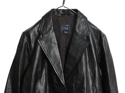 00s オールド ギャップ 本革 レザー テーラード ジャケット レディース L 程 革ジャン ブレザー ライナー付き 牛革 ショート丈 シンプル 黒