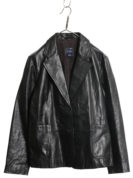 00s オールド ギャップ 本革 レザー テーラード ジャケット レディース L 程 革ジャン ブレザー ライナー付き 牛革 ショート丈 シンプル 黒