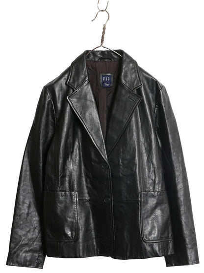 00s オールド ギャップ 本革 レザー テーラード ジャケット レディース L 程 革ジャン ブレザー ライナー付き 牛革 ショート丈 シンプル 黒