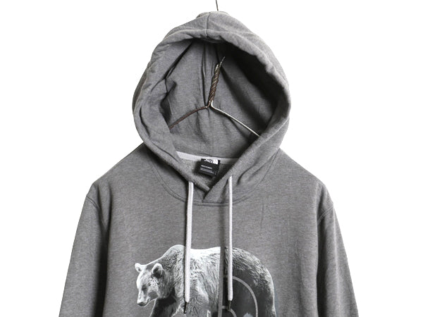 ノースフェイス プリント スウェット フード パーカー メンズ L プルオーバー トレーナー ベア ロゴ イラスト グラフィック 裏起毛 グレー