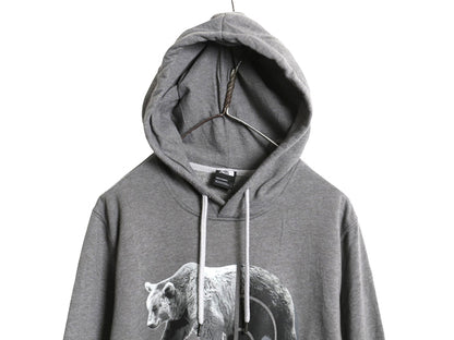 ノースフェイス プリント スウェット フード パーカー メンズ L プルオーバー トレーナー ベア ロゴ イラスト グラフィック 裏起毛 グレー