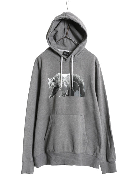 ノースフェイス プリント スウェット フード パーカー メンズ L プルオーバー トレーナー ベア ロゴ イラスト グラフィック 裏起毛 グレー