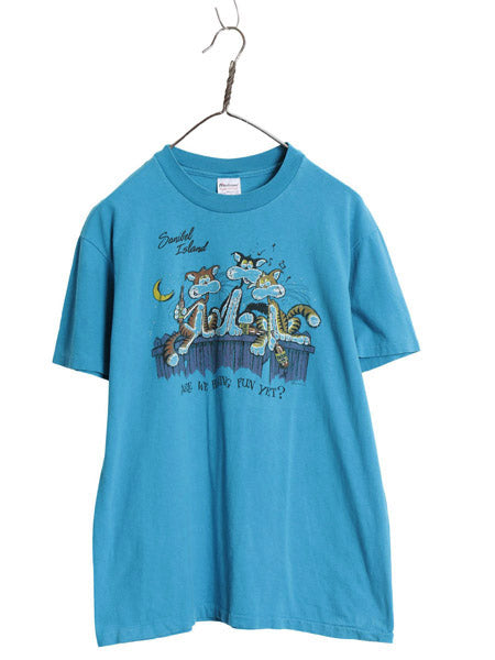 80s USA製 ネコ イラスト 両面 プリント Tシャツ L 小さめ メンズ レディース M ヴィンテージ アニマル アート ジョーク シングルステッチ