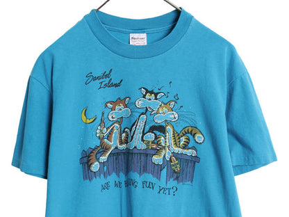 80s USA製 ネコ イラスト 両面 プリント Tシャツ L 小さめ メンズ レディース M ヴィンテージ アニマル アート ジョーク シングルステッチ