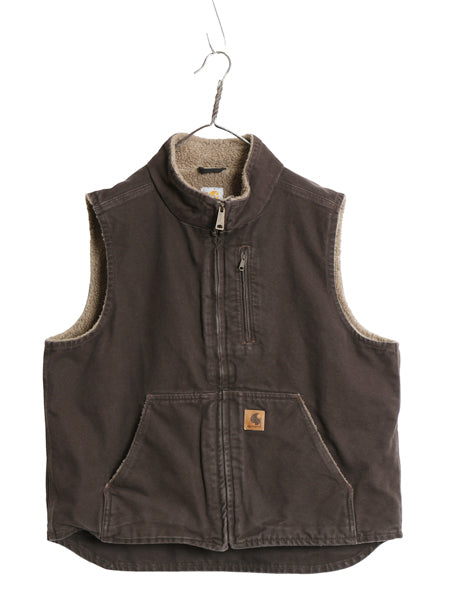 US企画 カーハート モックネック ダック ベスト メンズ L / V33 裏 ボア パイル フリース フルジップ ハイネック ワーク 重ね着 前開き 茶